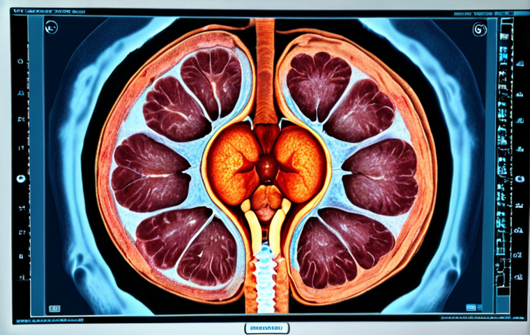 **Abdominal CT Scan:** Image depicting a CT scan machine examining a patient's abdomen, highlighting the internal organs like kidneys and intestines, with potential visual indicators of kidney stones.