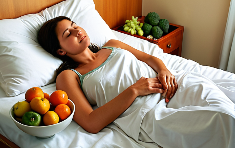 **

A patient resting comfortably in bed, surrounded by healthy fruits and vegetables. Soft, warm lighting emphasizes the idea of healing and recovery. Focus on conveying a sense of peace and well-being despite the challenges of radiotherapy.

**
