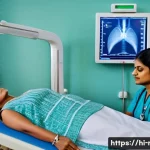 Home 17 골밀도 검사 장단점 - A detailed medical scene showing a middle-aged Indian woman undergoing a DXA bone density scan in a ...