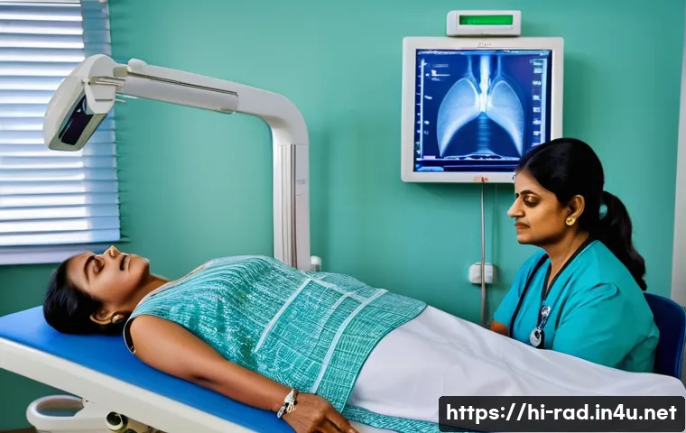 골밀도 검사 장단점 - A detailed medical scene showing a middle-aged Indian woman undergoing a DXA bone density scan in a ...