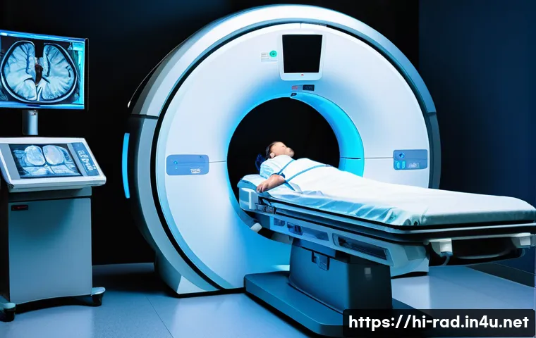 CT와 MRI 촬영 비교 - A detailed medical illustration showing a patient undergoing a CT scan procedure in a modern hospita...