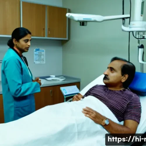 Home 15 갑상선암 CT 스캔 후기 - A calm hospital room scene showing a middle-aged Indian patient preparing for a thyroid cancer CT sc...