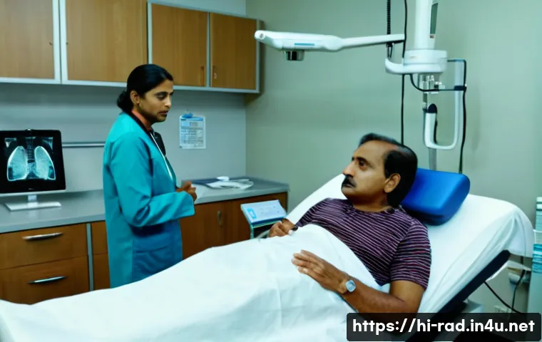 갑상선암 CT 스캔 후기 - A calm hospital room scene showing a middle-aged Indian patient preparing for a thyroid cancer CT sc...