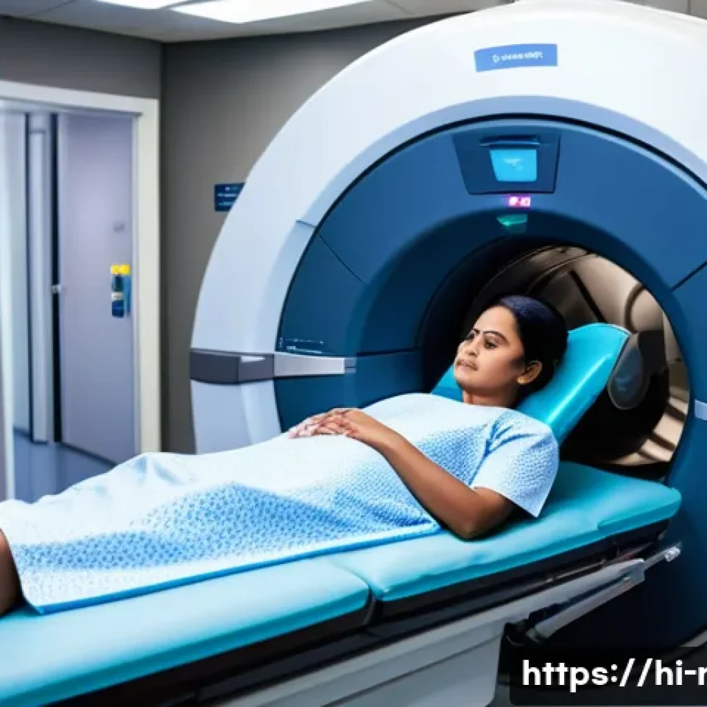 CT 스캔 대체 검사 옵션 - A detailed, realistic hospital MRI scanning room scene showing a middle-aged Indian patient wearing ...