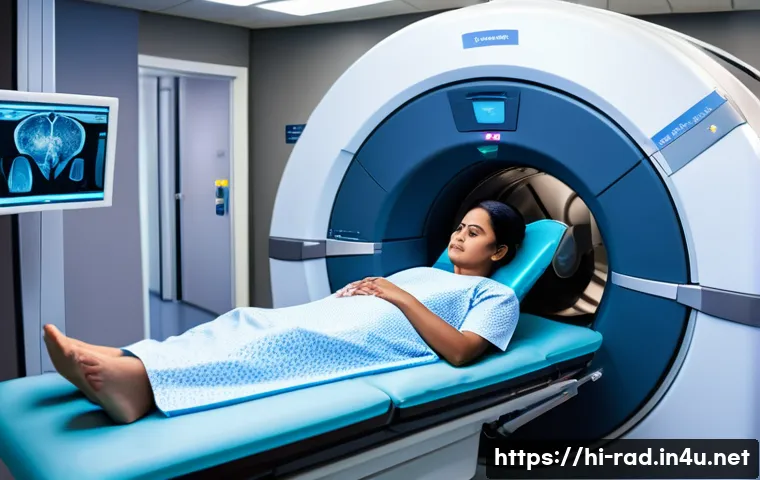 CT 스캔 대체 검사 옵션 - A detailed, realistic hospital MRI scanning room scene showing a middle-aged Indian patient wearing ...