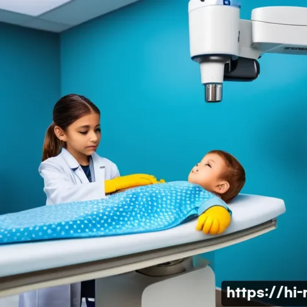 소아 방사선 안전 프로그램 - A pediatric radiology technician carefully adjusting a modern digital X-ray machine designed for chi...