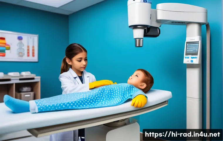 소아 방사선 안전 프로그램 - A pediatric radiology technician carefully adjusting a modern digital X-ray machine designed for chi...