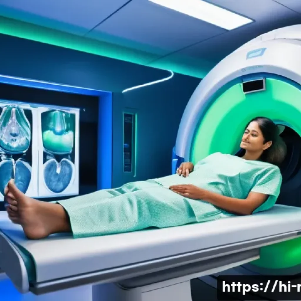 MRI 검사 과정 - A modern hospital MRI scanning room featuring a professional Indian female patient lying calmly on a...