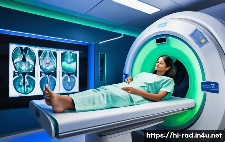 MRI 검사 과정 - A modern hospital MRI scanning room featuring a professional Indian female patient lying calmly on a...