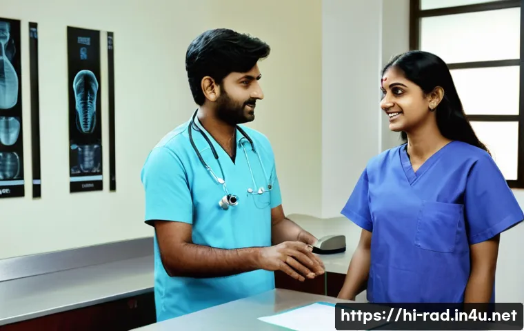 위장 X ray 검사 과정 - A detailed hospital scene showing a Hindi-speaking patient at the reception desk registering for an ...