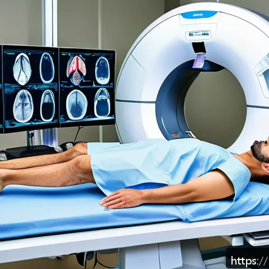 CT와 초음파 비교 - A detailed medical illustration showing a CT scan machine in use, capturing a cross-sectional view o...