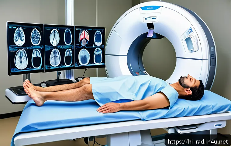 CT와 초음파 비교 - A detailed medical illustration showing a CT scan machine in use, capturing a cross-sectional view o...