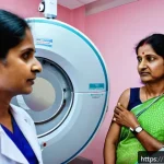 유방암 예방 검진 비용 - A detailed and compassionate medical scene showing a middle-aged Indian woman undergoing a mammograp...