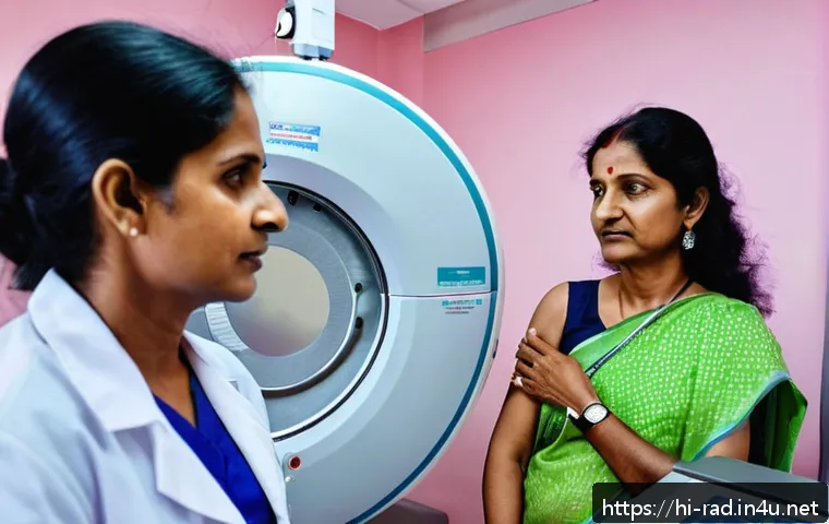 유방암 예방 검진 비용 - A detailed and compassionate medical scene showing a middle-aged Indian woman undergoing a mammograp...