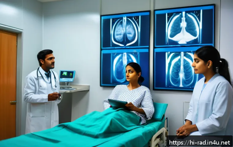 방사선 치료 주기와 비용 - A detailed, realistic hospital room scene showing an Indian adult female patient wearing modest hosp...