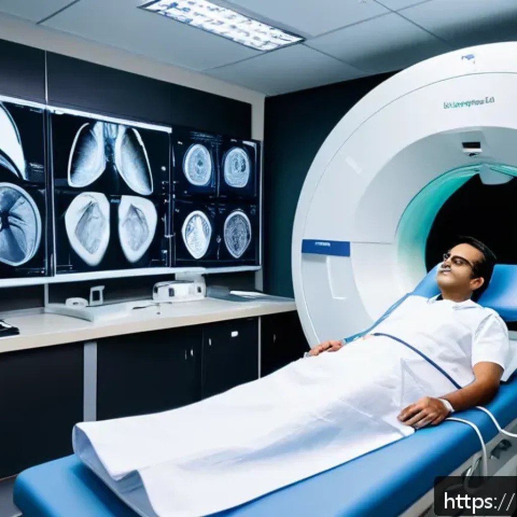 폐암 조기 진단 CT 스캔 - A high-resolution, realistic medical scene inside a modern diagnostic clinic in India, showing a mid...