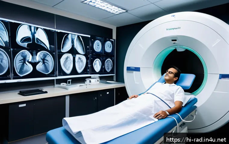 폐암 조기 진단 CT 스캔 - A high-resolution, realistic medical scene inside a modern diagnostic clinic in India, showing a mid...