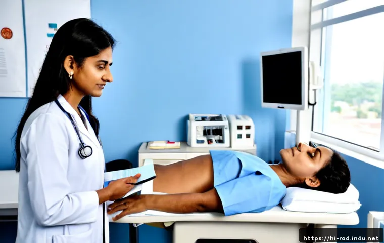 Home 17 폐암 조기 검진 의료보험 적용 - Photorealistic Indian middle-aged woman consulting a compassionate doctor in a modern hospital, revi...