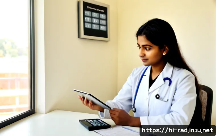 유방암 방사선 치료 비용 분석 - Photorealistic Indian female breast cancer patient in modest everyday clothing seated with her suppo...