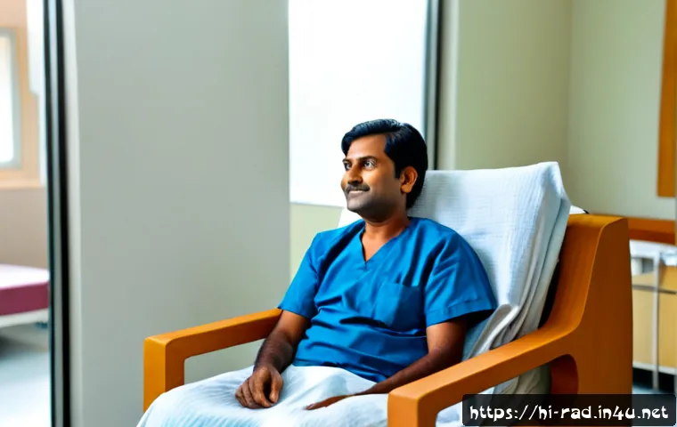 MRI 검사 후 회복 시간 - Photorealistic Indian adult patient resting comfortably in a bright hospital recovery lounge after a...