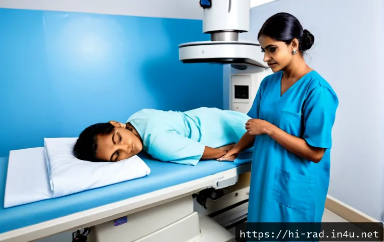 Home 17 암 치료 방사선 기술 - Photorealistic modern radiation therapy suite in an Indian cancer hospital, compassionate female rad...